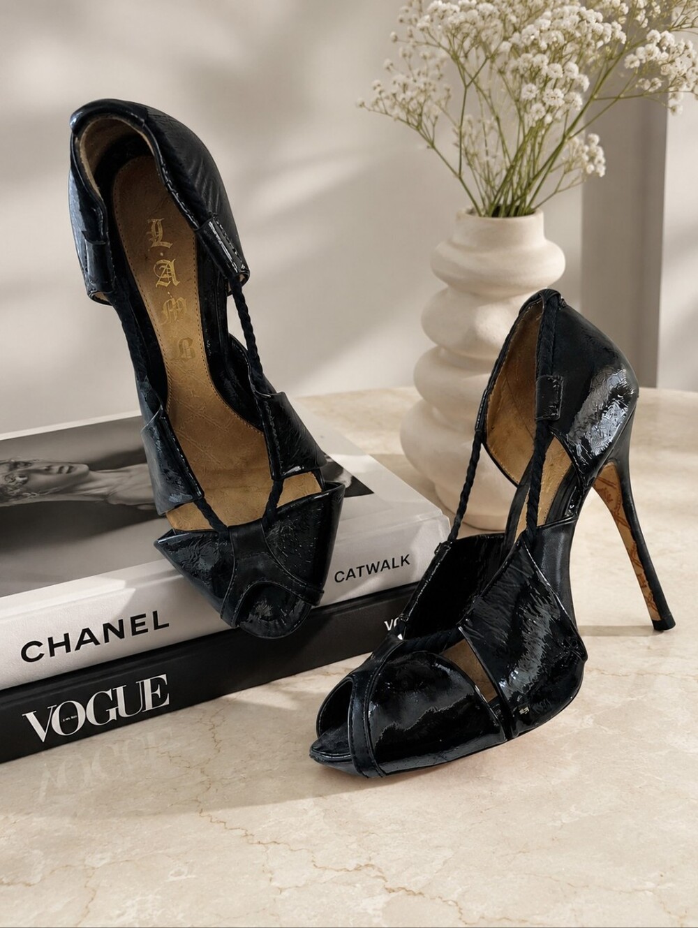 L.A.M.B. Black Patent Leather Peep Toe Heels – Size 8.5